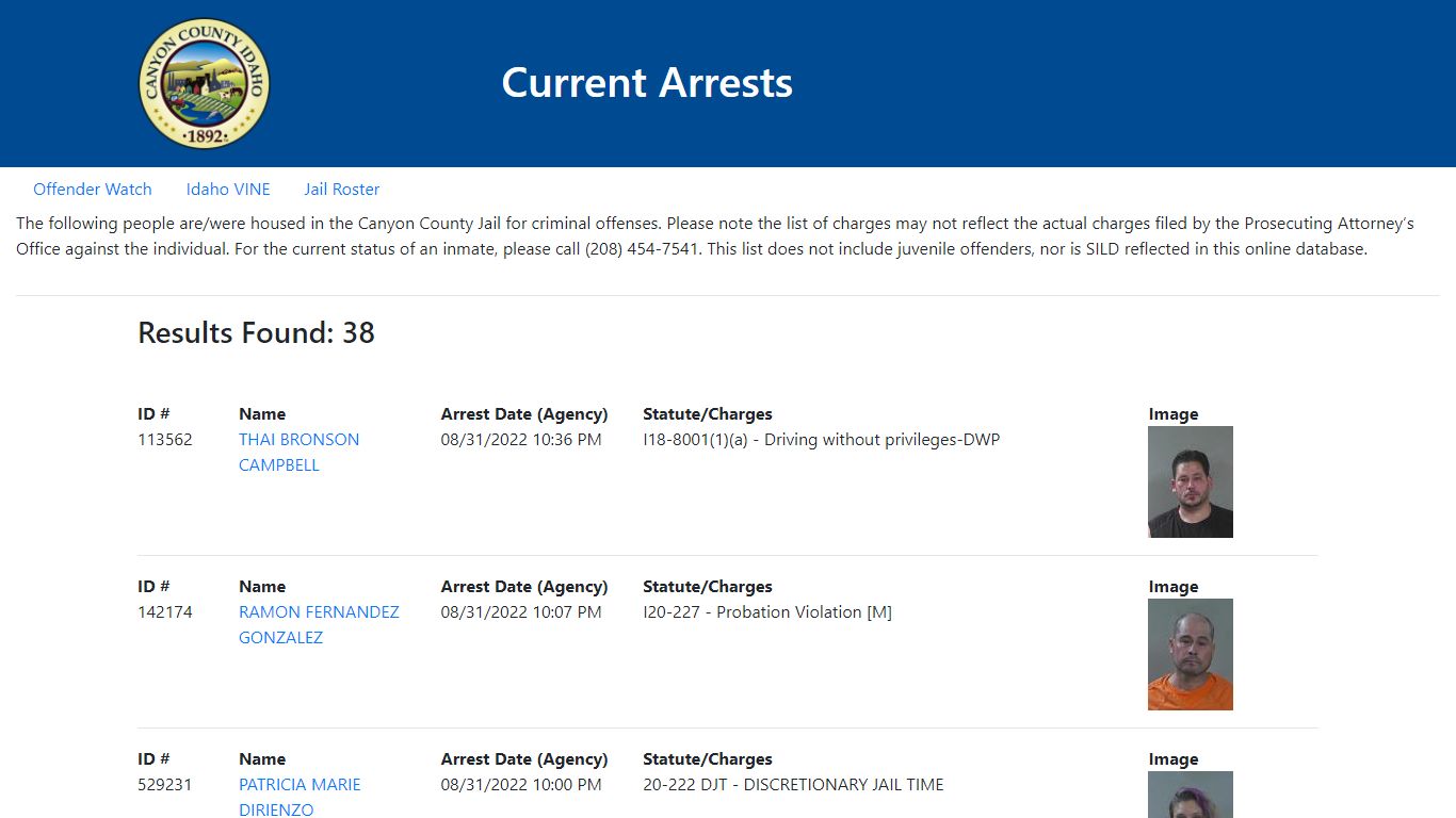 Current Arrests - Canyon County, Idaho